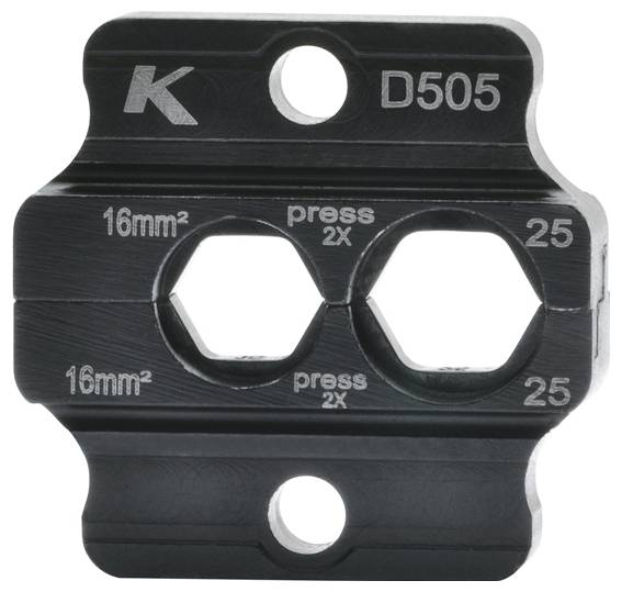 K D505' Metallplatte mit zwei sechseckigen Löchern. Markierungen umfassen '16mm²', 'press 2x' und '25' und geben Spezifikationen an.