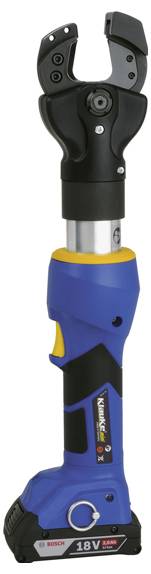 Eine blaue und schwarze kabellose hydraulische Crimpzange mit strukturiertem Griff und '18V' beschrifteter Batterie an der Basis.