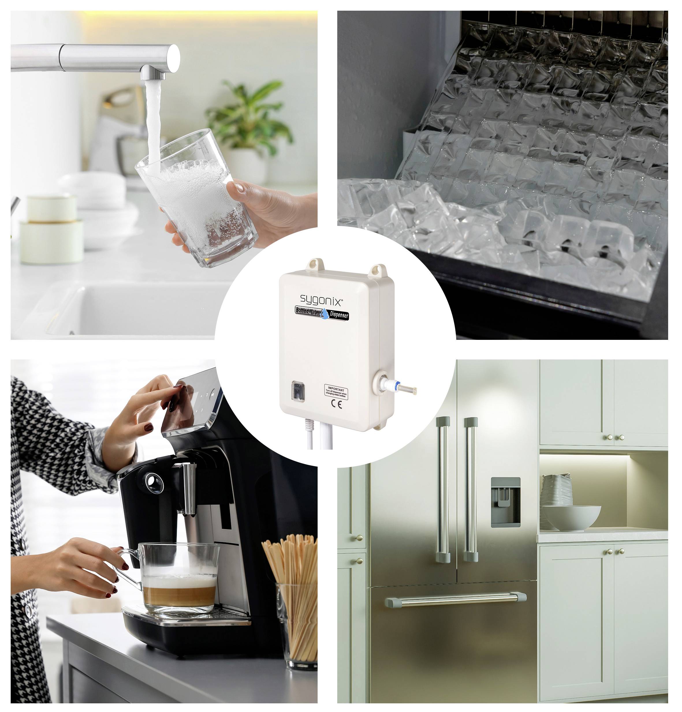 Ein Verbundbildausschnitt, der einen Küchenarmatur, einen Eiswürfelbereiter, eine Kaffeemaschine und einen Kühlschrank zeigt. Der zentrale Fokus liegt auf einem Wasserfiltergerät.