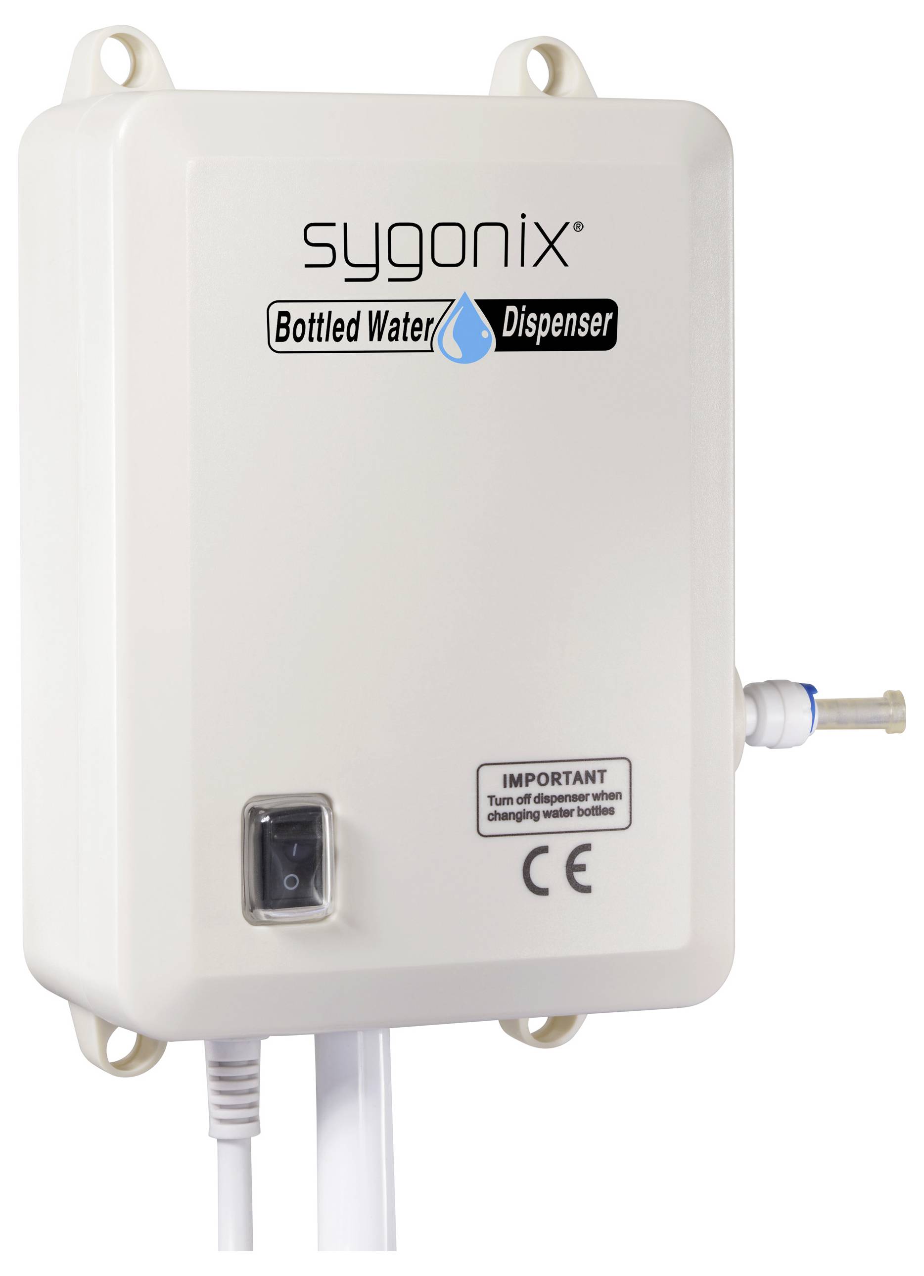 Weißer Sygonix Wasserkocher mit Netzschalter, wandmontierter Bauweise und CE-Zertifizierung.