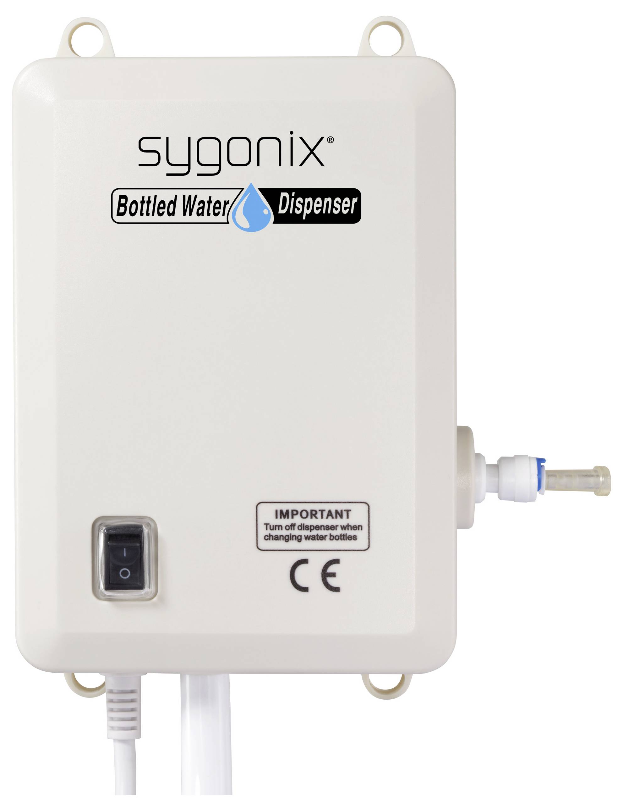 Sygonix Wasserspender-Steuereinheit mit Netzschalter und Schlauchanschluss, mit der Beschriftung 