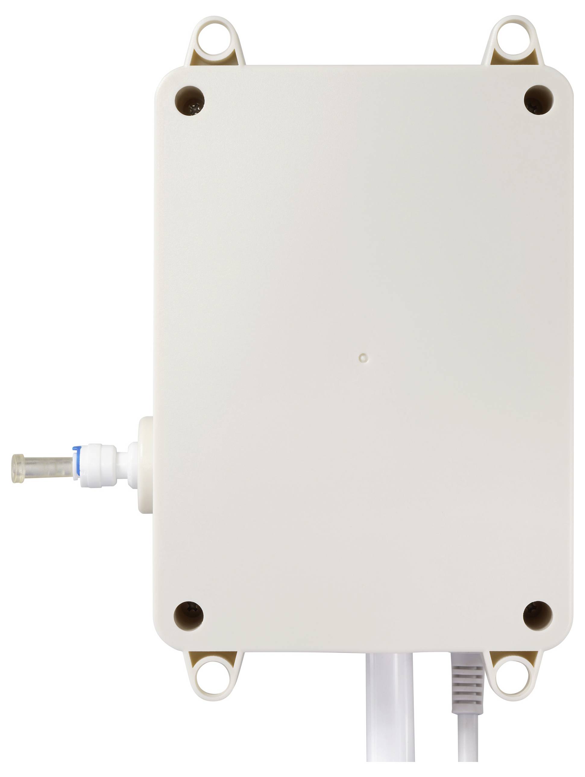 Ein weißes rechteckiges elektronisches Gerät mit abgerundeten Ecken und vier Befestigungslöchern, das einen kleinen Anschluss an seiner Seite aufweist.