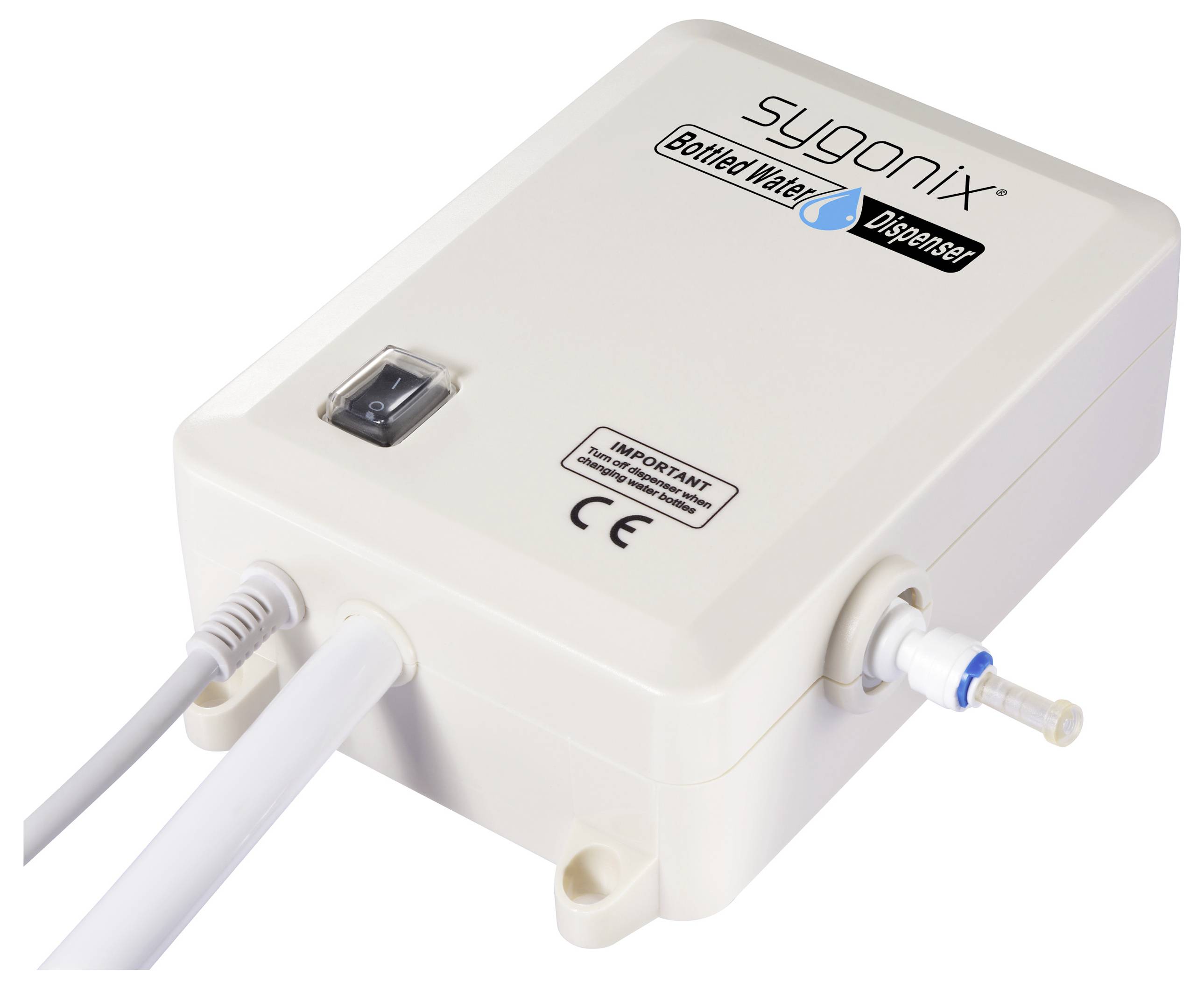Rechteckiger Wasserspender mit der Bezeichnung 'sygonix Bottled Water Dispenser', ausgestattet mit einem Netzschalter, angeschlossenen Schläuchen und CE-Kennzeichnung.