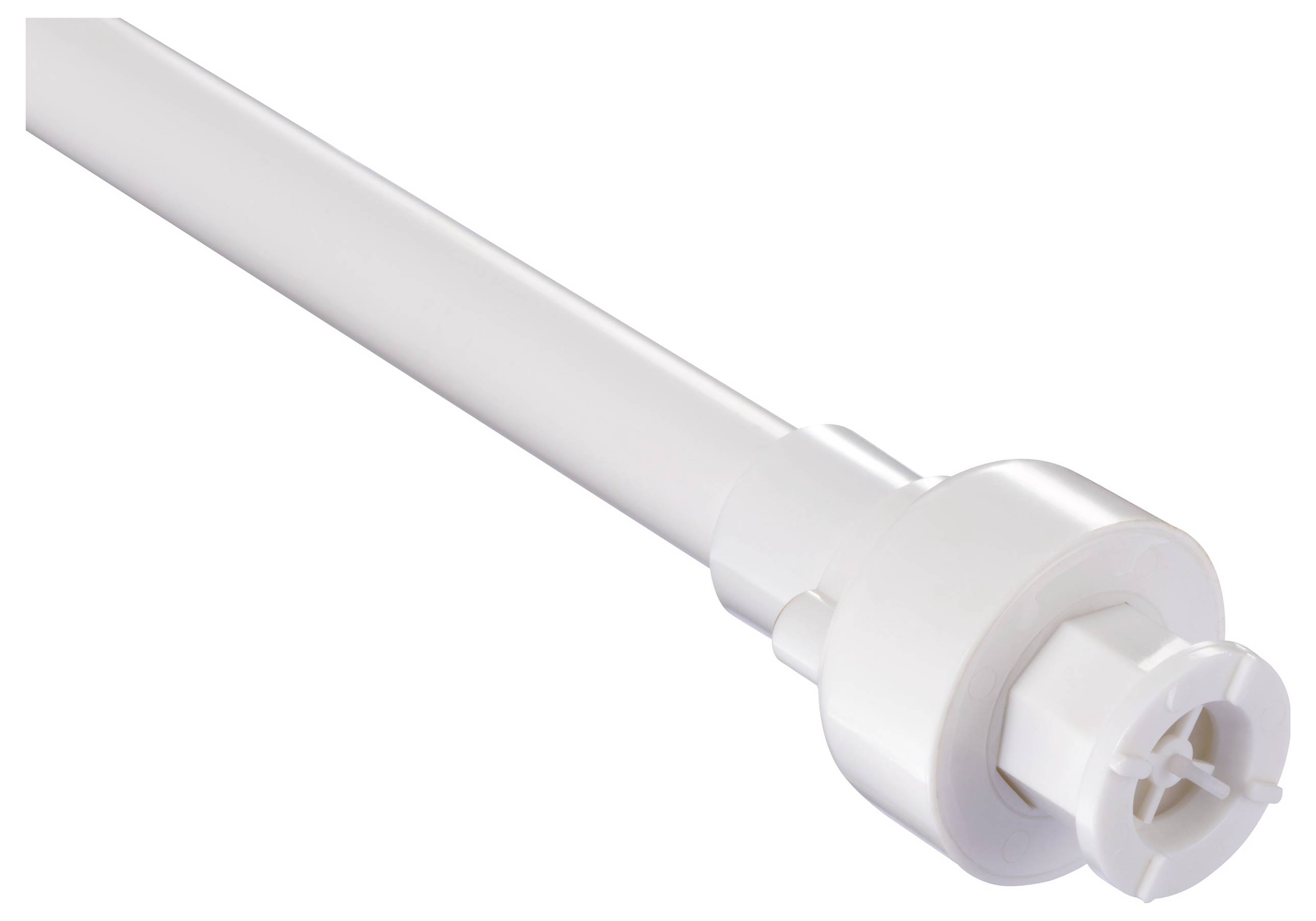 Eine Nahaufnahme einer weißen Leuchtstoffröhre mit sichtbarem Endstück, die das Detail des Anschlusses zeigt.