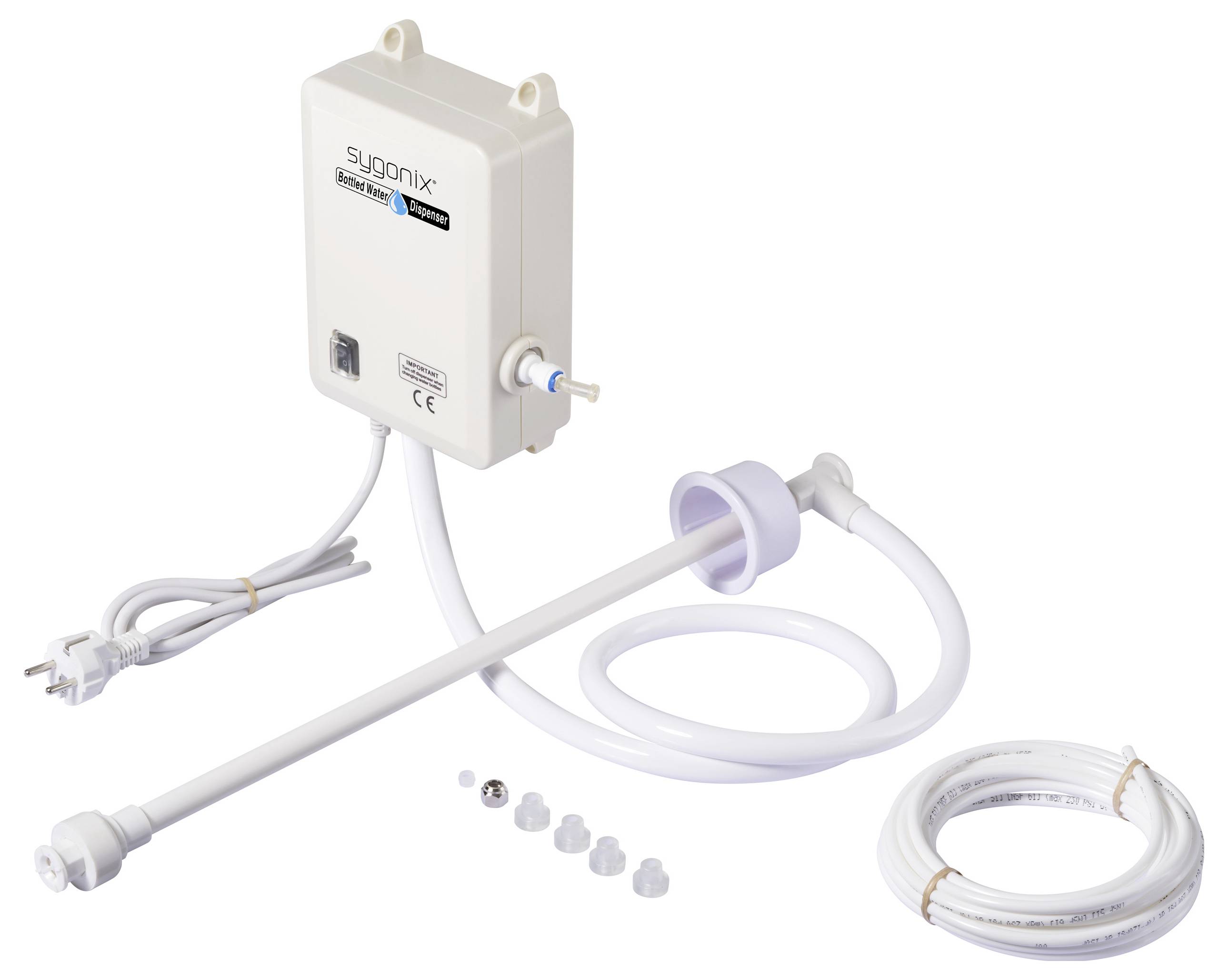 Wasseraufbereitungsgerät mit Netzkabel, Schläuchen und Installationszubehör, für den Haushaltsgebrauch konzipiert.