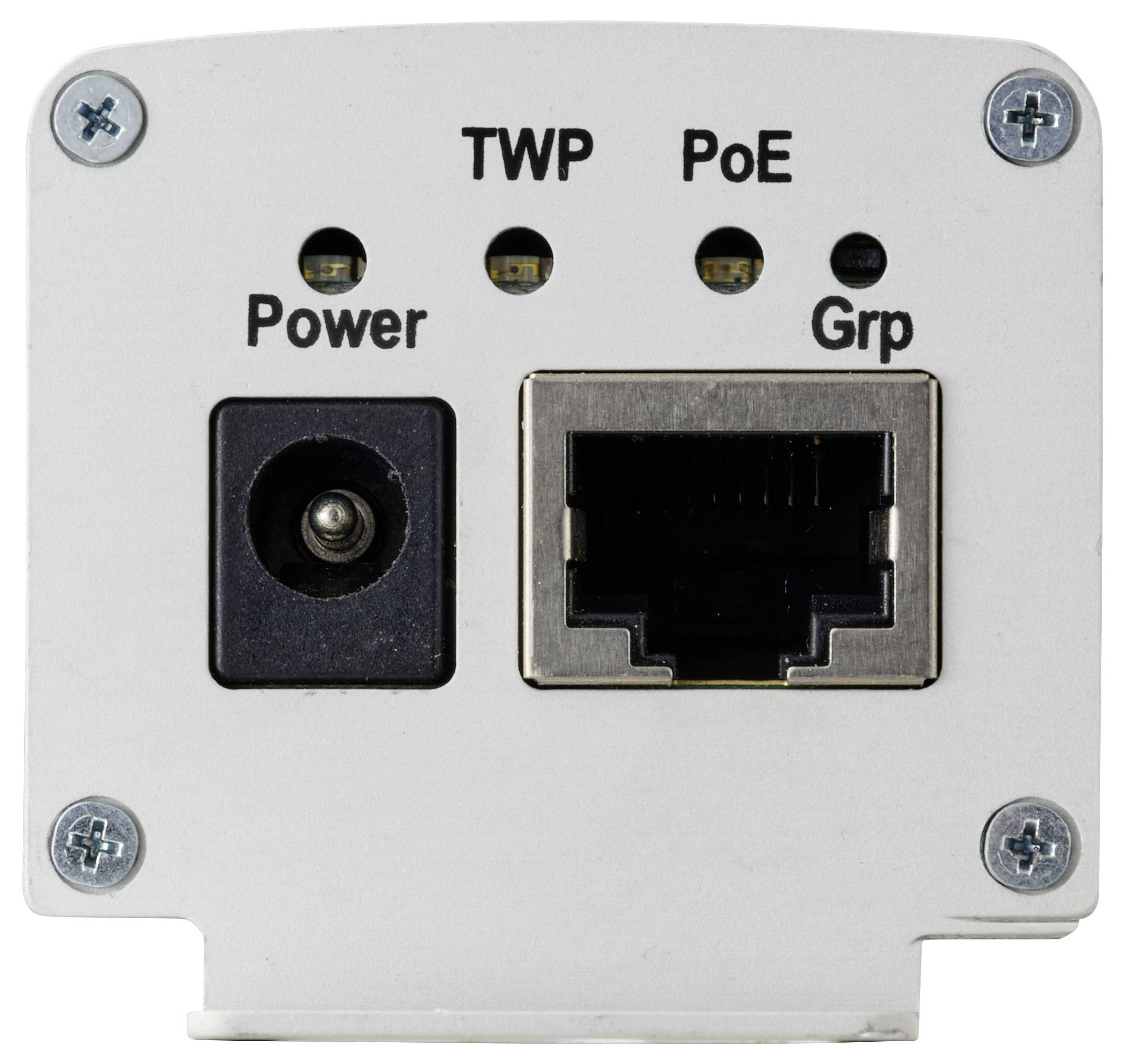'Power'- und 'Grp'-beschriftete Anschlüsse auf einem weißen elektronischen Gerät. LED-Indikatoren für 'TWP' und 'PoE' befinden sich über den Anschlüssen.