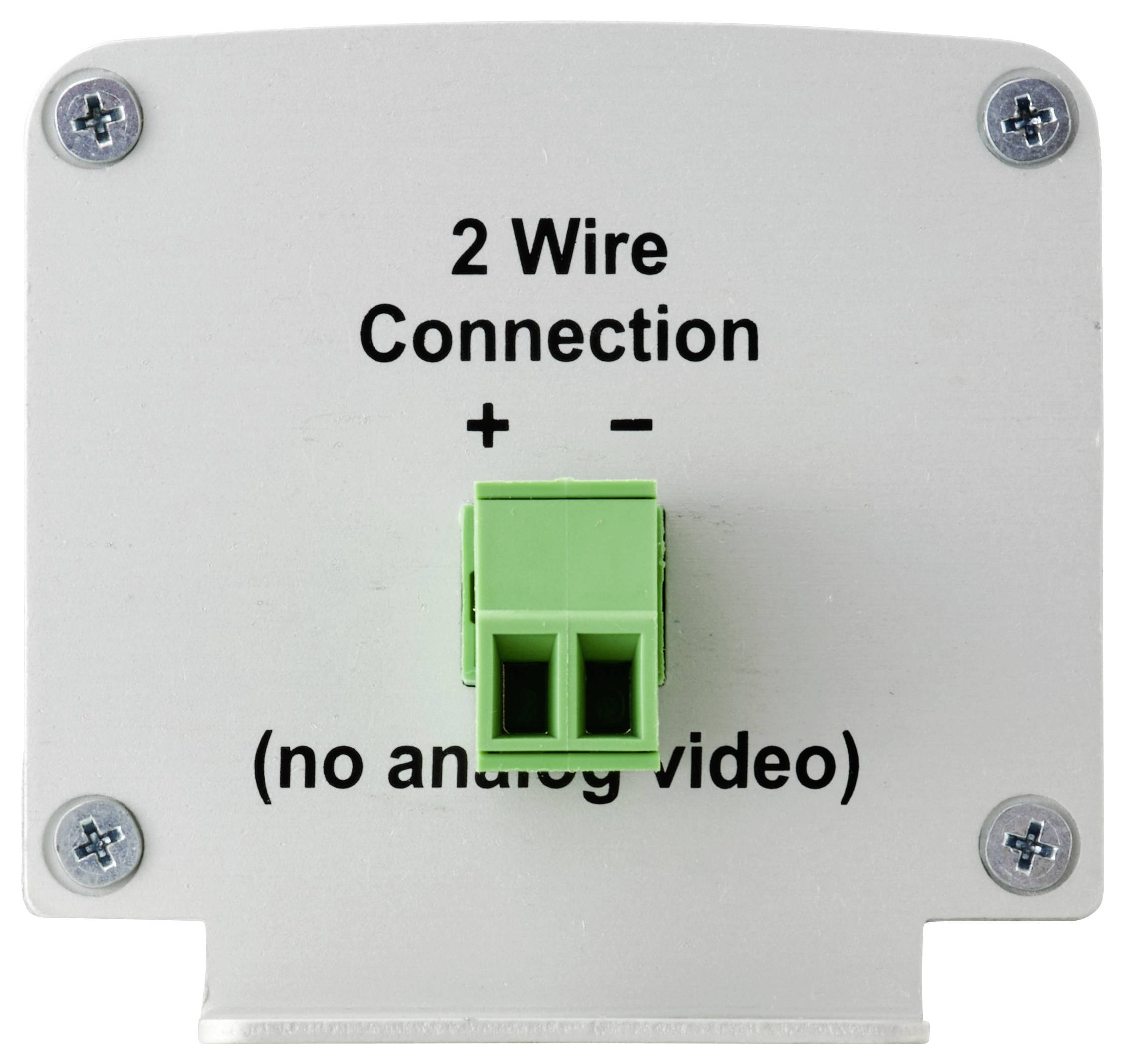 Das Bild zeigt ein graues Panel mit einem grünen Anschluss, beschriftet mit „2-Draht-Verbindung + - (keine analoge Videosignalübertragung)