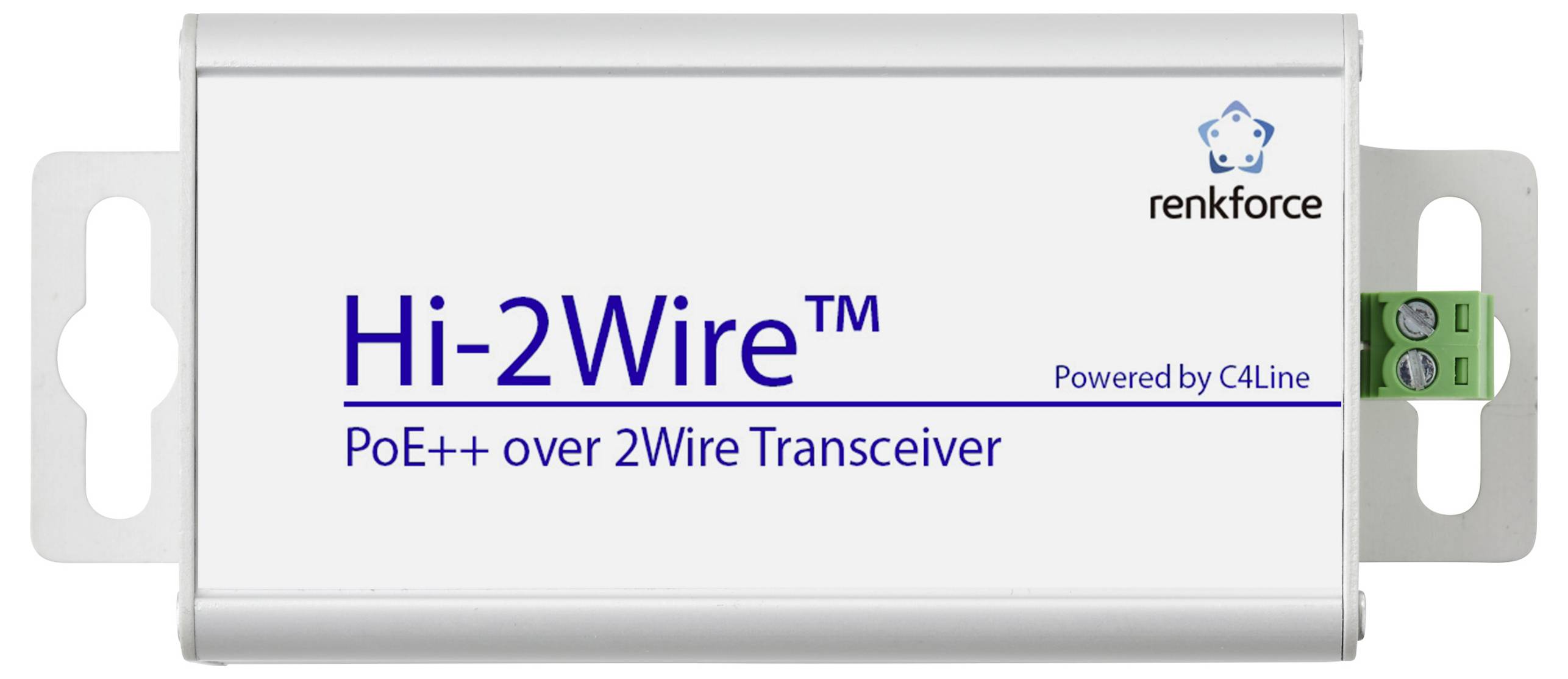 Hi-2Wire PoE++ über 2Wire Transceiver-Gerät von Renkforce, betrieben von C4Line, mit weißem Gehäuse und Montagehalterungen.