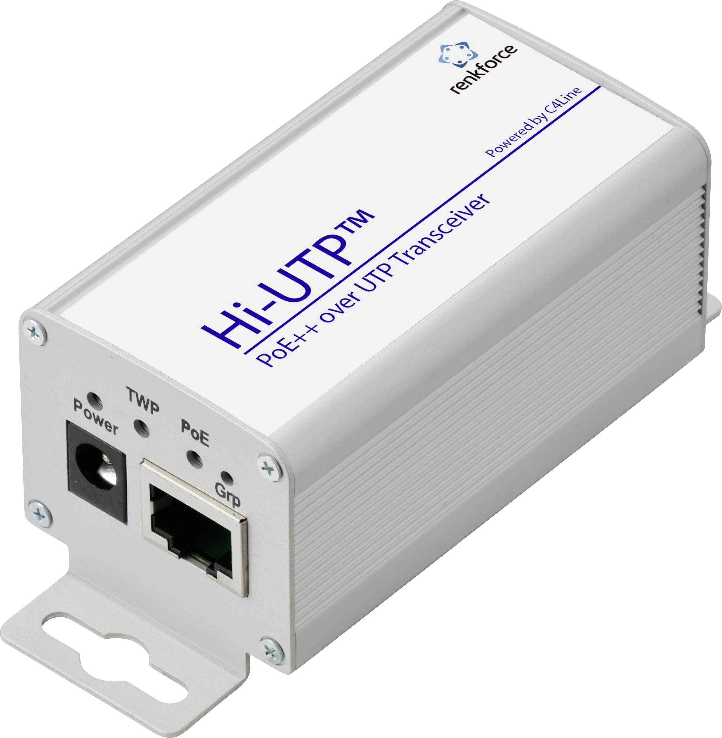 Ein kompaktes weißes Gerät mit der Aufschrift 'Hi-UTP PoE+ over UTP Transceiver', das eine Stromanzeigelampe, TWP-, PoE- und Grp-Anschlüsse aufweist und für Netzwerkkommunikation verwendet wird.
