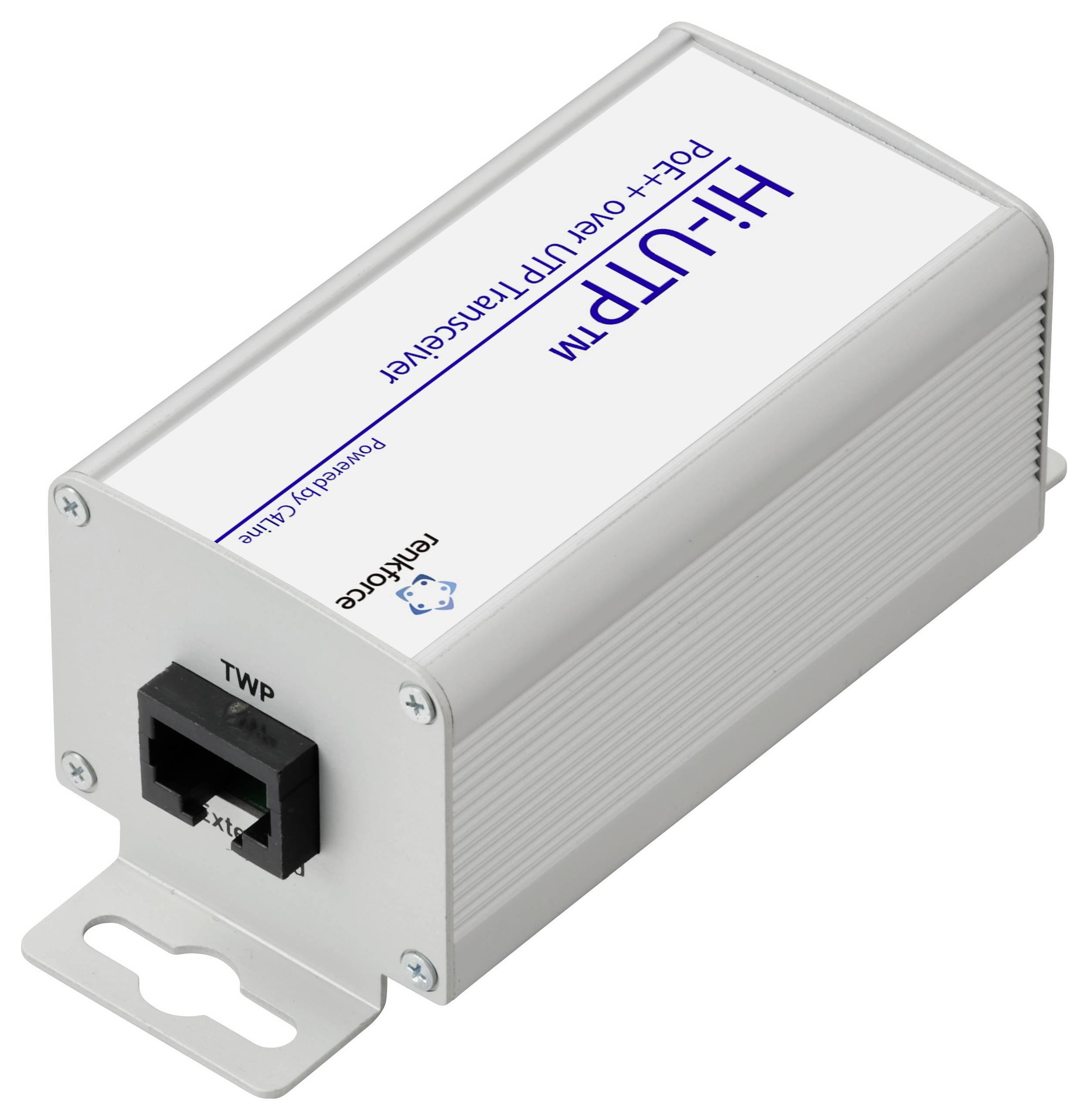 Ein kompaktes Netzwerkgerät mit der Bezeichnung 'Hi-UFTM PoE++ Over UTP Extender' mit einem Anschluss zum Verbinden von Ethernet-Kabeln, das zur Erweiterung der Netzwerkreichweite verwendet wird.