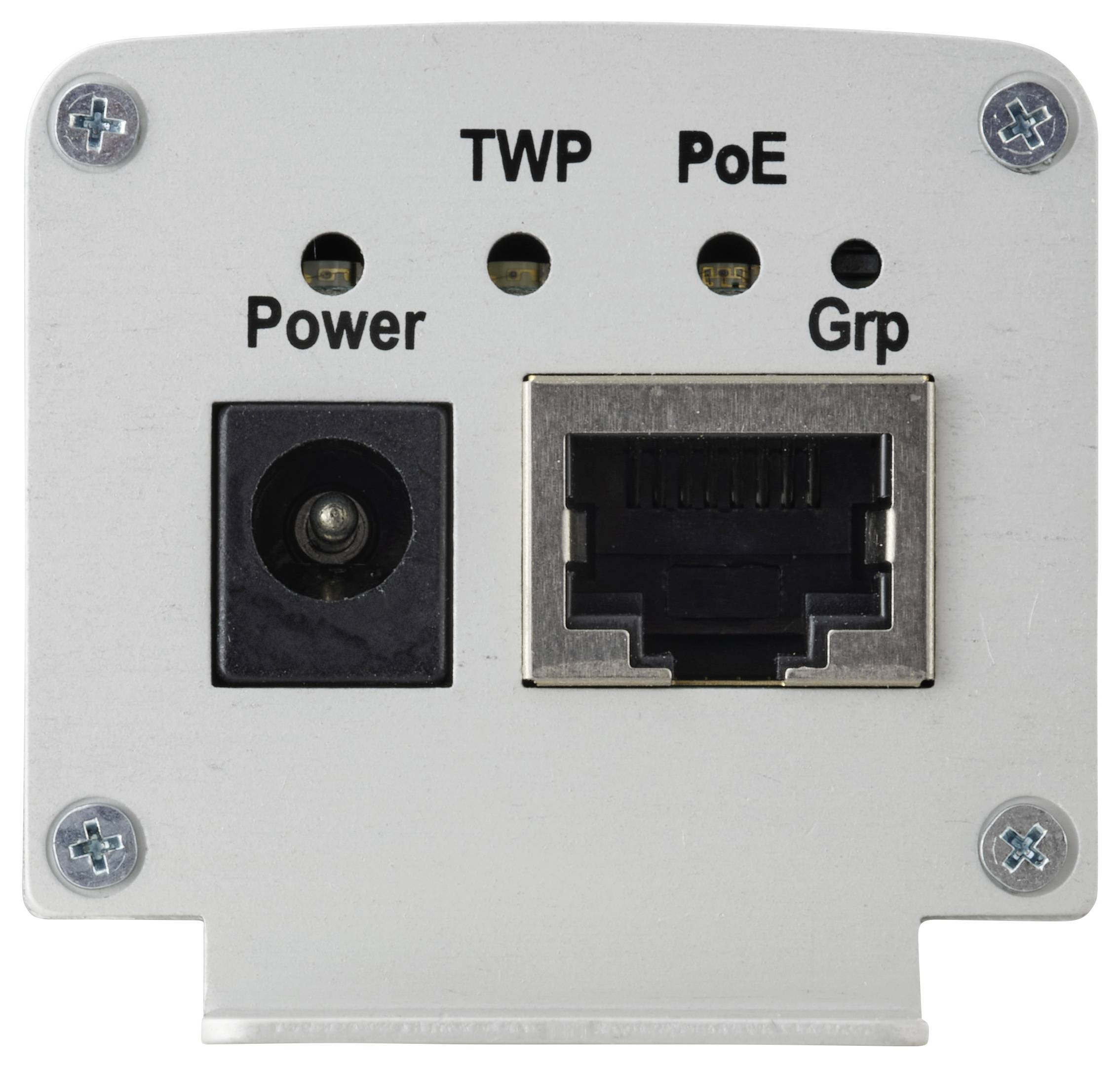 Frontansicht eines wandmontierten elektronischen Panels mit Anschlüssen, die mit 