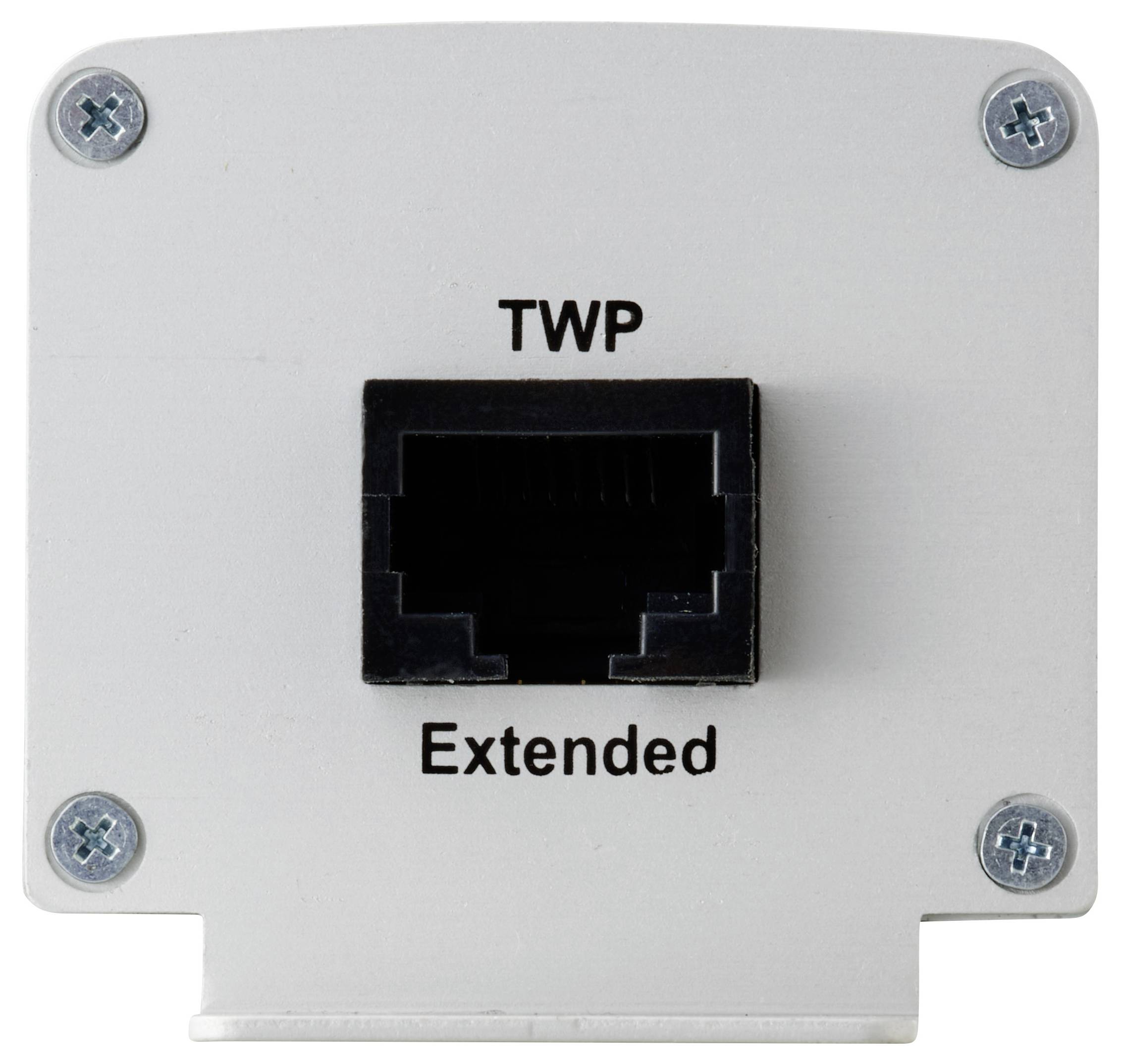Metallplatte mit einem Ethernet-Anschluss, beschriftet mit 'TWP' oben und 'Extended' unten, mit vier Schrauben an den Ecken befestigt.