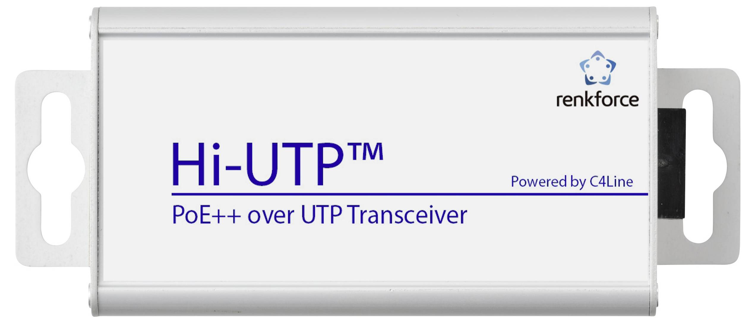 'Hi-UTP™ PoE++ über UTP Transceiver' Gerät gezeigt, beschriftet mit 'Powered by C4Line' und 'renkforce' Logo. Silbernes Gehäuse mit Befestigungsklammern.