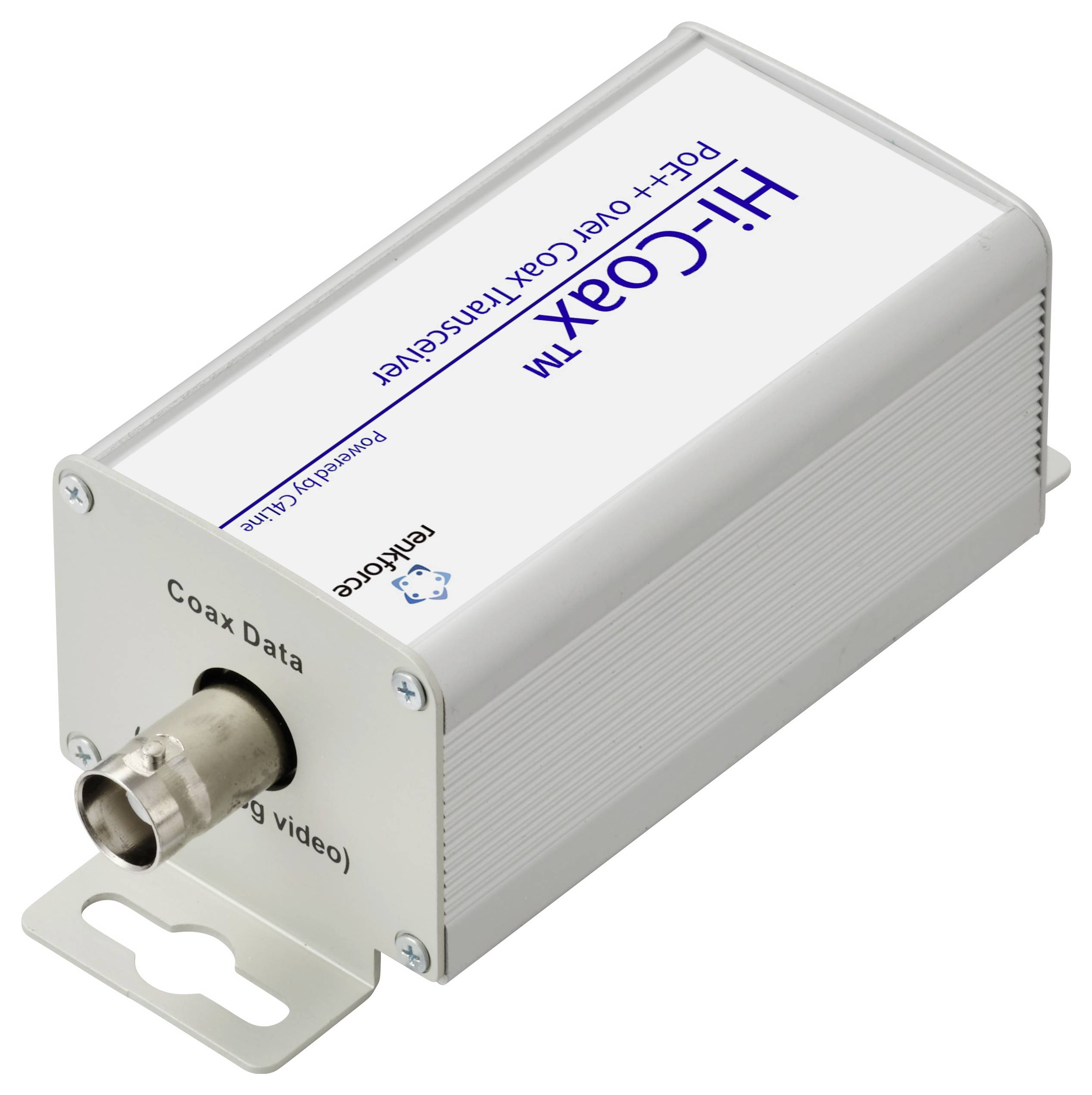 Ein rechteckiges Gerät mit der Bezeichnung 'Hi-Coax PoE++ über Coax Transceiver'. Ausgestattet mit Koaxialport, gekennzeichnet als 'Coax Daten (BNC, 78Ω Video)' und Befestigungshalterung.