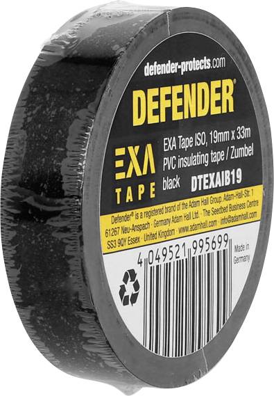 'DEFENDER' PVC-Isolierband, schwarz, 19mm x 33m. Produktdetails, EXA Tape, EAN und Herstellerinformationen auf Etikett sichtbar.