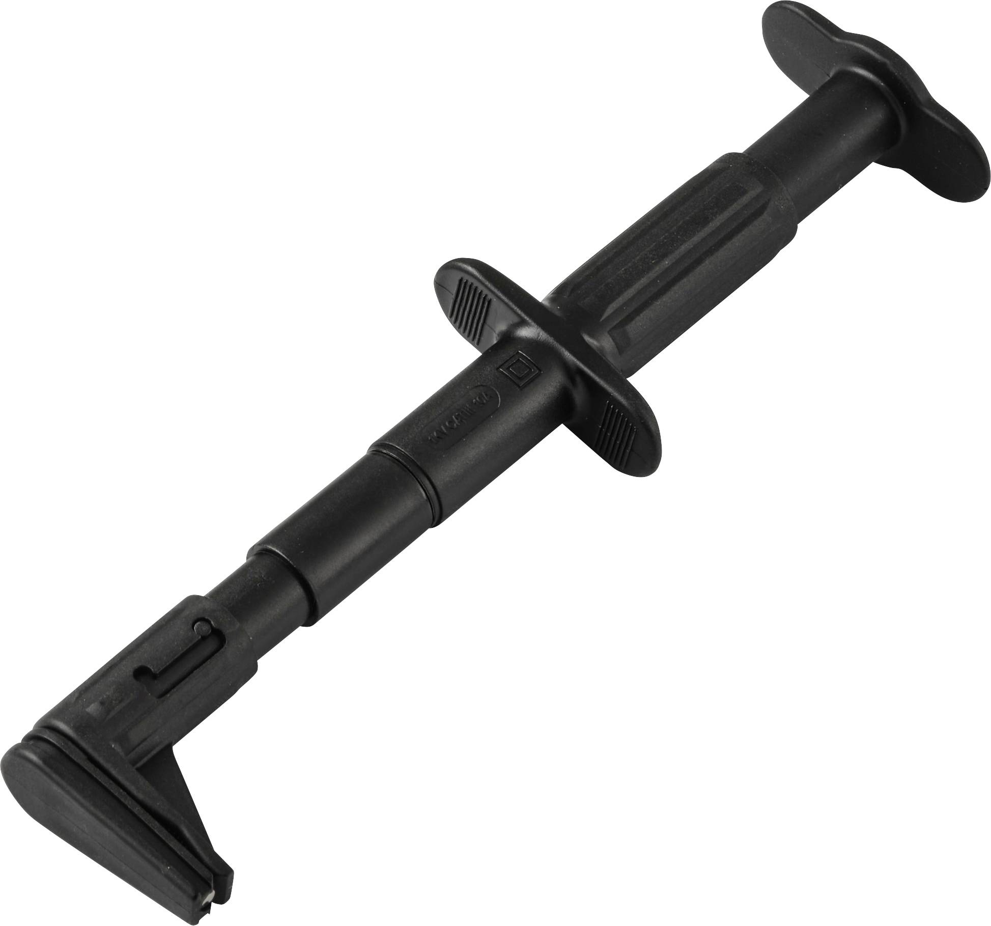 Ein schwarzes Metallbohrwerkzeug mit einem Griff an einem Ende und einer spitzen Spitze am anderen Ende, das zum Bohren oder Anbohren von Löchern verwendet wird.