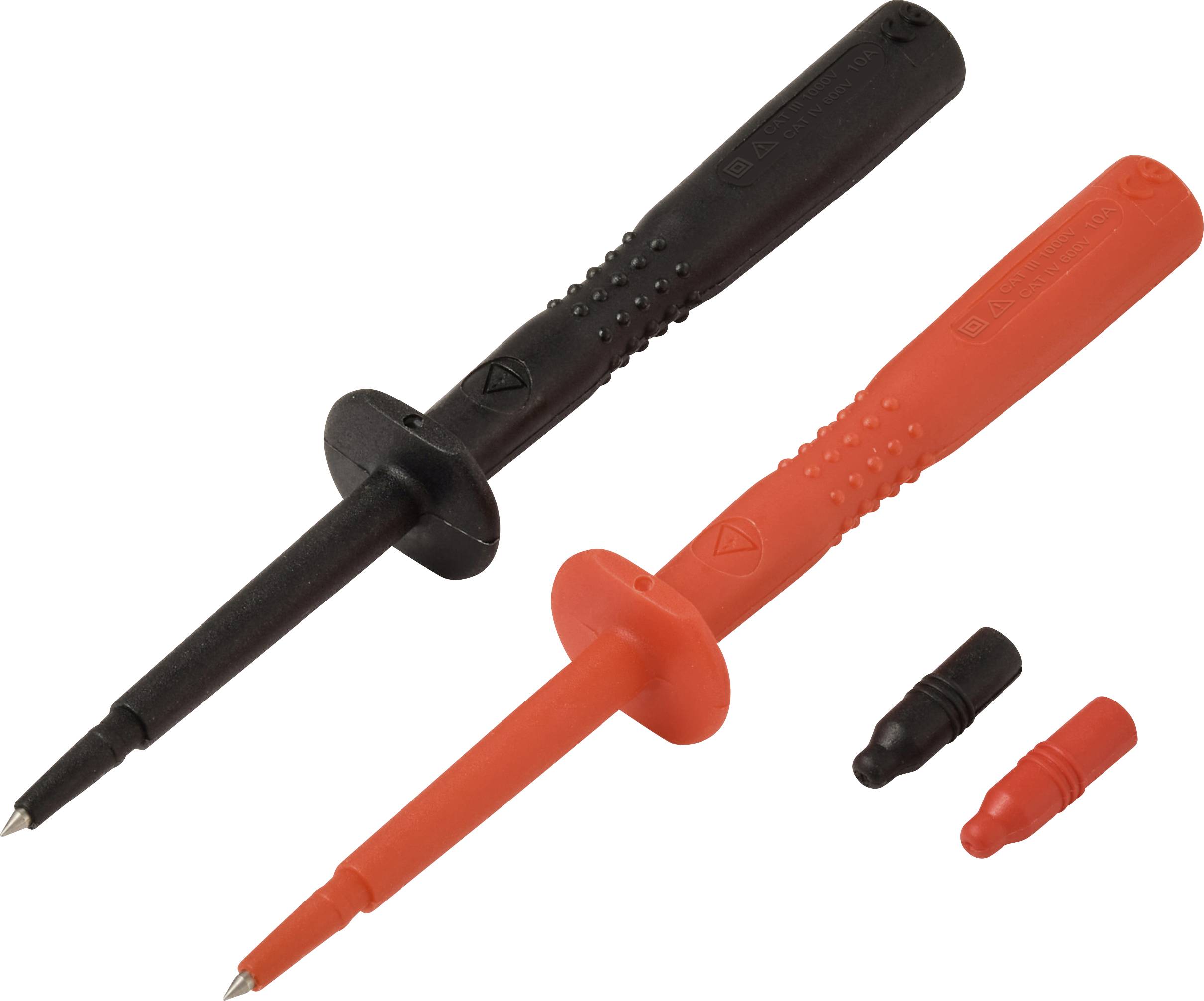 Zwei Multimetermessspitzen, eine schwarze und eine rote, mit isolierten Griffen und spitzen Metalleinsätzen zum Testen elektrischer Ströme.