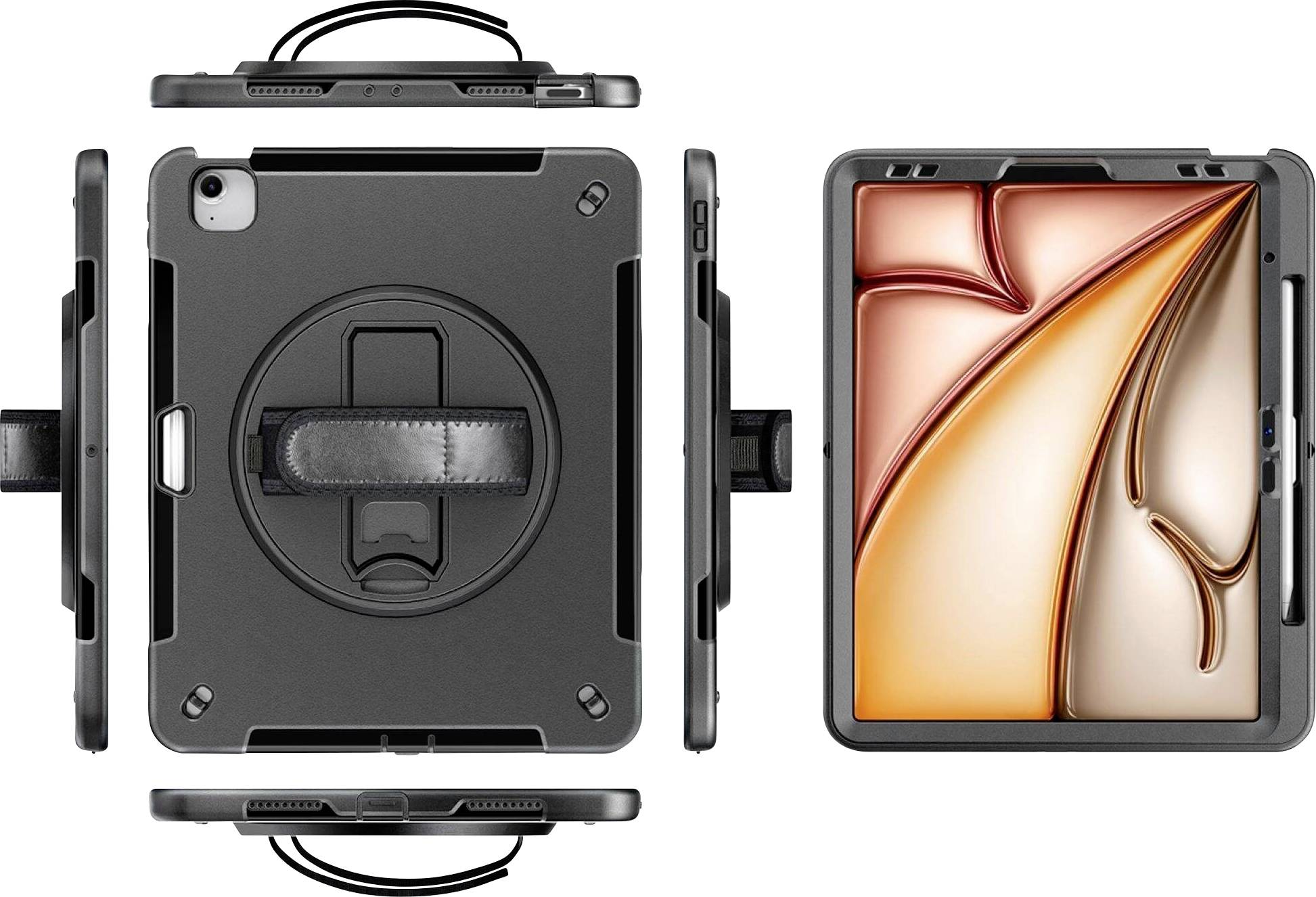 Eine schwarze Tablet-Hülle mit Griff und Ständer, die einen sicheren Halt auf allen Seiten bietet, dargestellt mit und ohne abstrakte orangefarbene Anzeige.