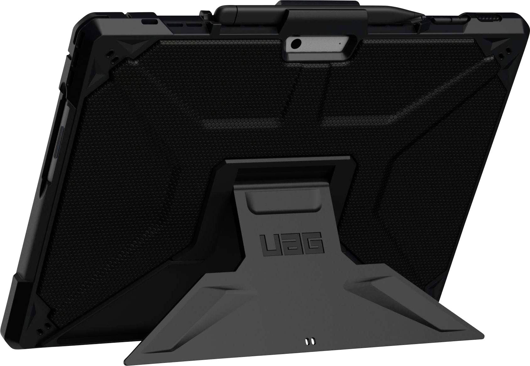 Ein robustes schwarzes Tablet-Gehäuse mit integriertem Ständer, schräg präsentiert und seine widerstandsfähige Konstruktion sowie Langlebigkeitsmerkmale hervorhebend.