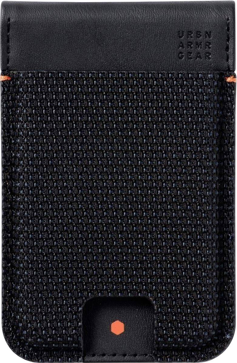 Eine schwarze, strukturierte Handyhülle mit elegantem Design, die ein kleines orangefarbenes Sechseck und minimale Markierung in der oberen rechten Ecke aufweist.