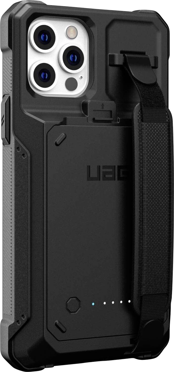 Eine schwarze Schutzhülle für das Handy mit einem Trageriemen und sichtbaren Kameraausschnitten, die verstärkte Kanten für zusätzliche Strapazierfähigkeit aufweist.