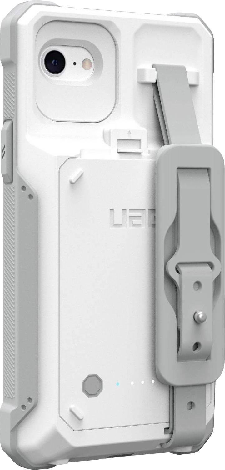 Telefon in robustem weißem Gehäuse mit grauer Gürteltasche, Rückansicht mit Kamera und Eckstoßschutz.