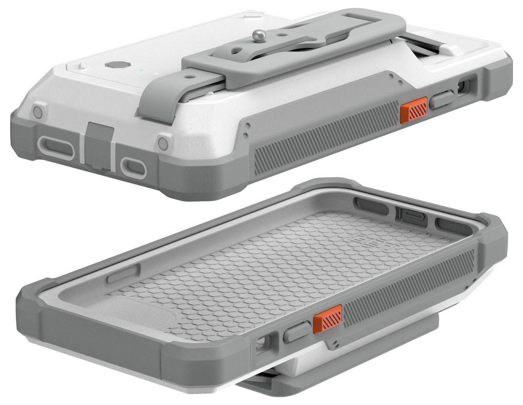 Zwei Ansichten eines robusten, grauen und weißen Schutzgehäuses für ein elektronisches Gerät mit stabiler Konstruktion, Tragegriff und orangefarbenen Akzenten.