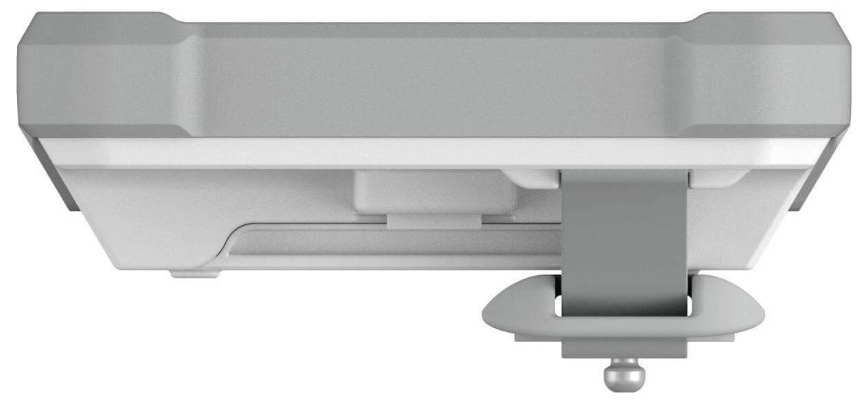 Eine Nahaufnahme einer schlanken, metallischen Halterung mit einer Kugelgelenk-Konstruktion, die für eine sichere Befestigung in verschiedenen Umgebungen entwickelt wurde.