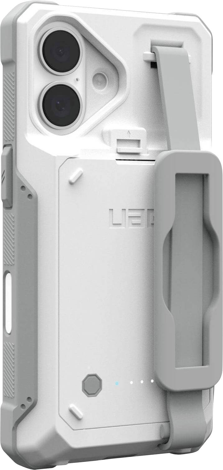 Robuste Handyhülle in Weiß mit integriertem Ständer und Griff, entwickelt für Langlebigkeit und Schutz.