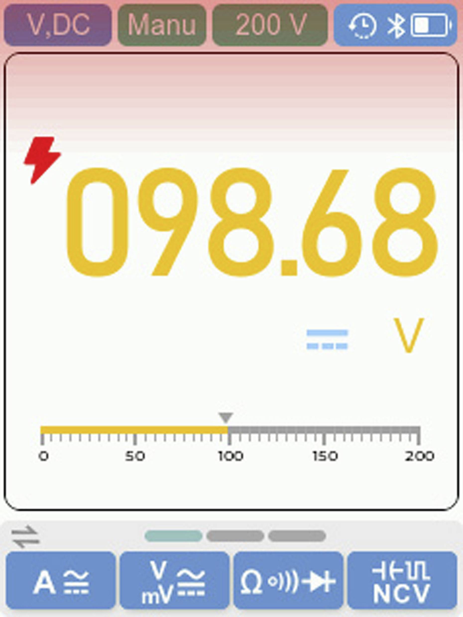 Digitale Anzeige mit '098,68 V', die Spannungseinheiten zeigt und Optionen für den manuellen Modus, Einstellung auf 200 V und Gleichspannungsmessung aufweist.