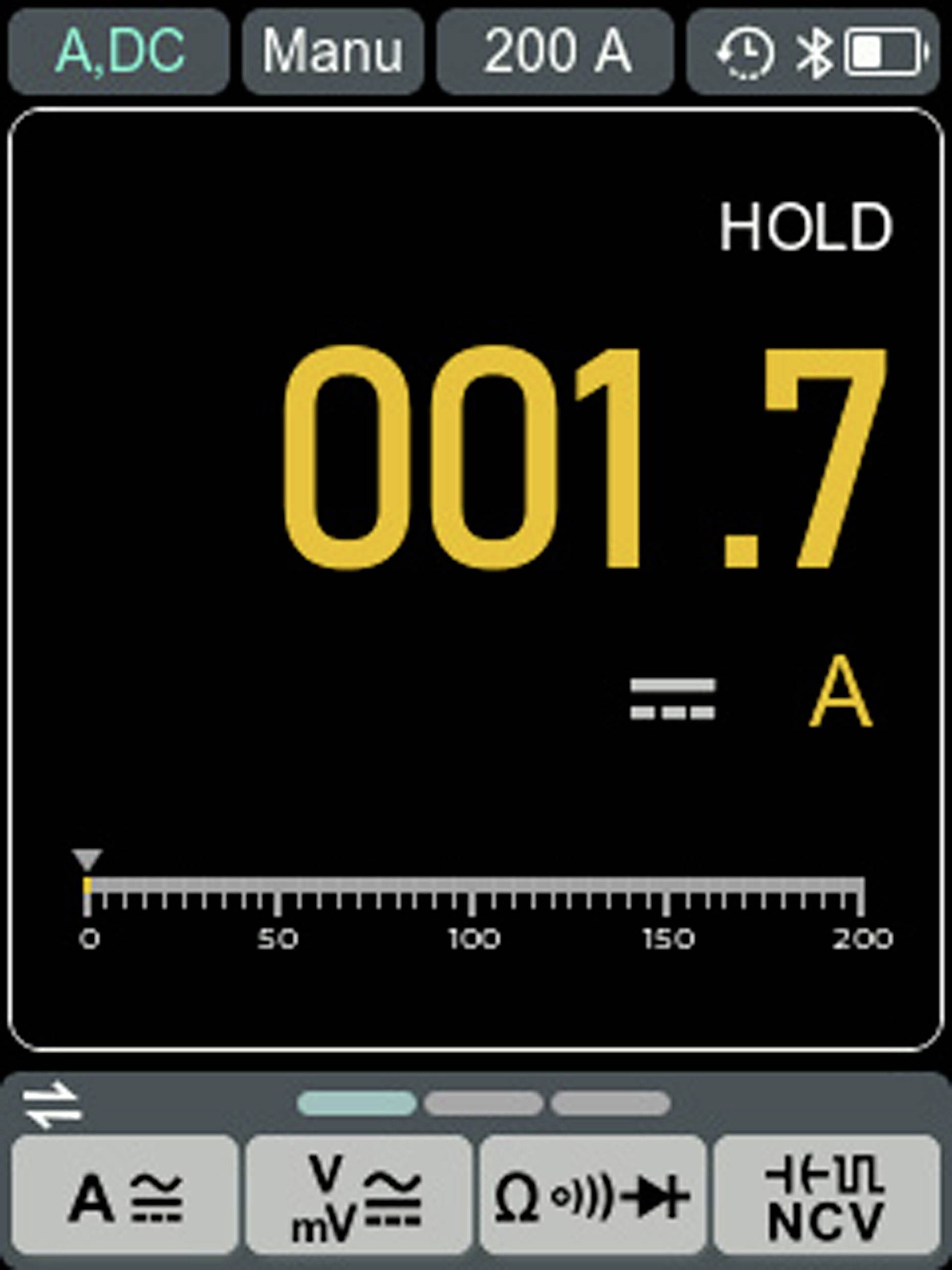 Digitale Anzeige eines Multimeters, eingestellt auf Messung von 200 Ampere Gleichstrom, aktuell 1,7 Ampere anzeigend, mit Optionen für automatischen Modus, Bluetooth und berührungslose Spannungserkennung (NCV).