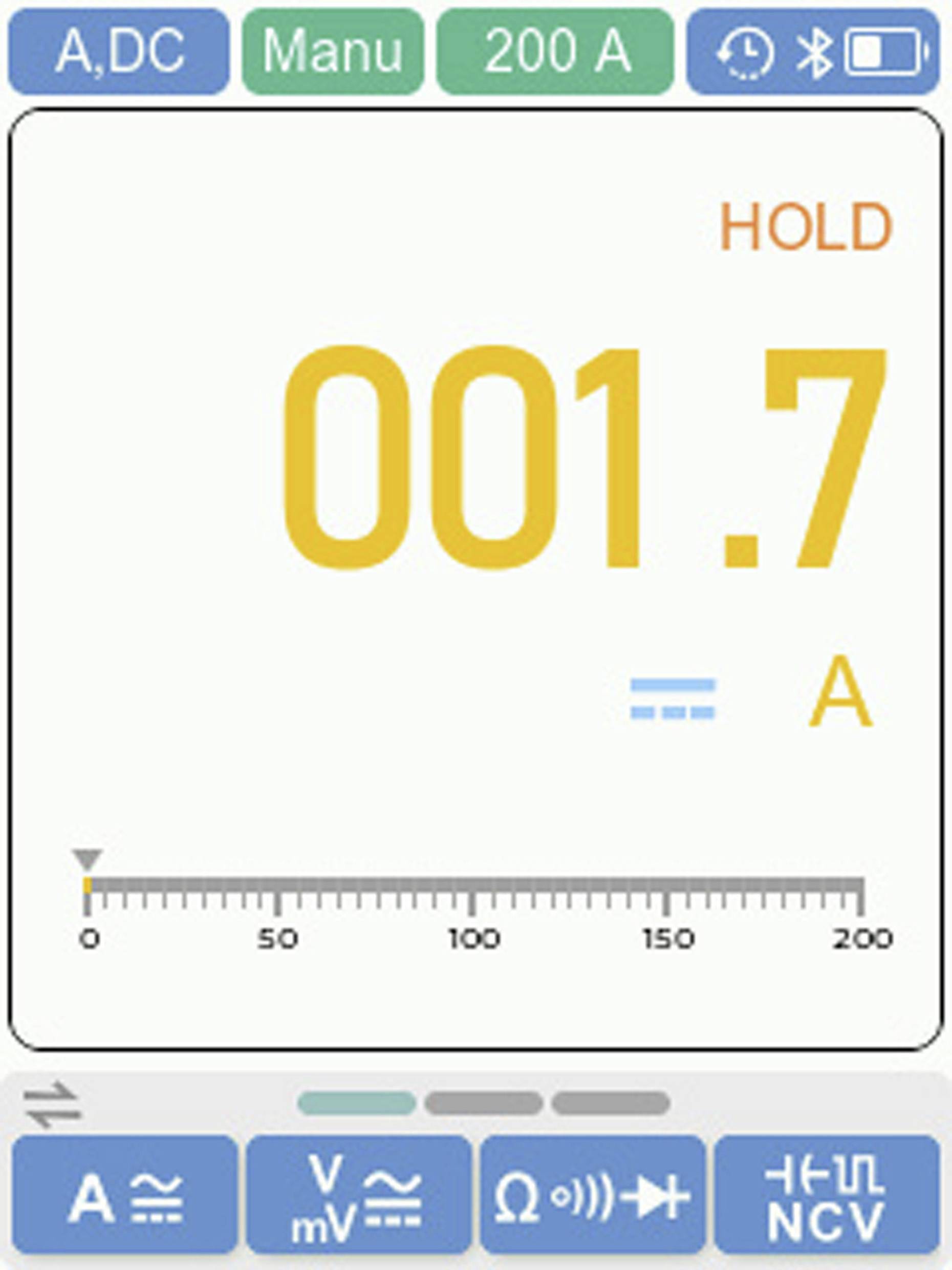 Ein Multimeter-Display für AC/DC zeigt '001.7 A' und 'HOLD', mit einer Skala von 0 bis 200A darunter. Zu den Funktionen gehören Spannung, Widerstand und Durchgangsprüfung.