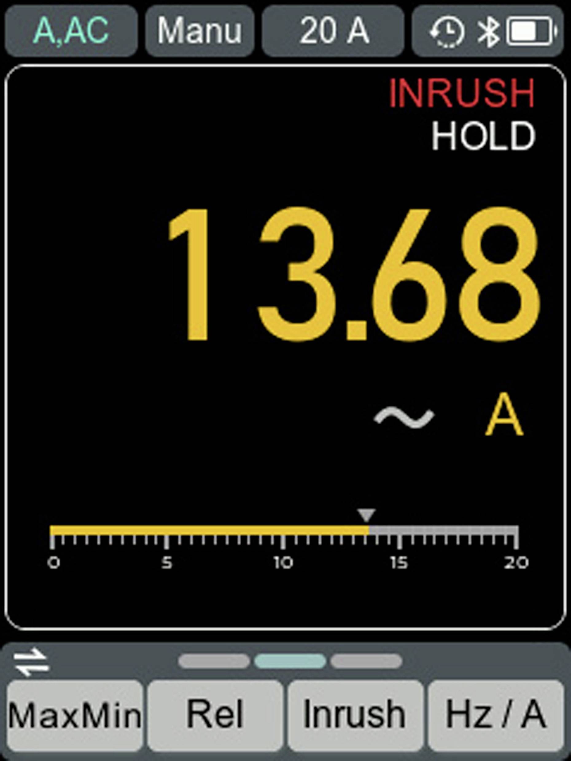 Digitales Multimeter-Display mit aktueller Messung von 13,68 A, Einschaltstrom-Haltemodus aktiv, mit Einstellungen für AC-Modus, 20-A-Bereich.