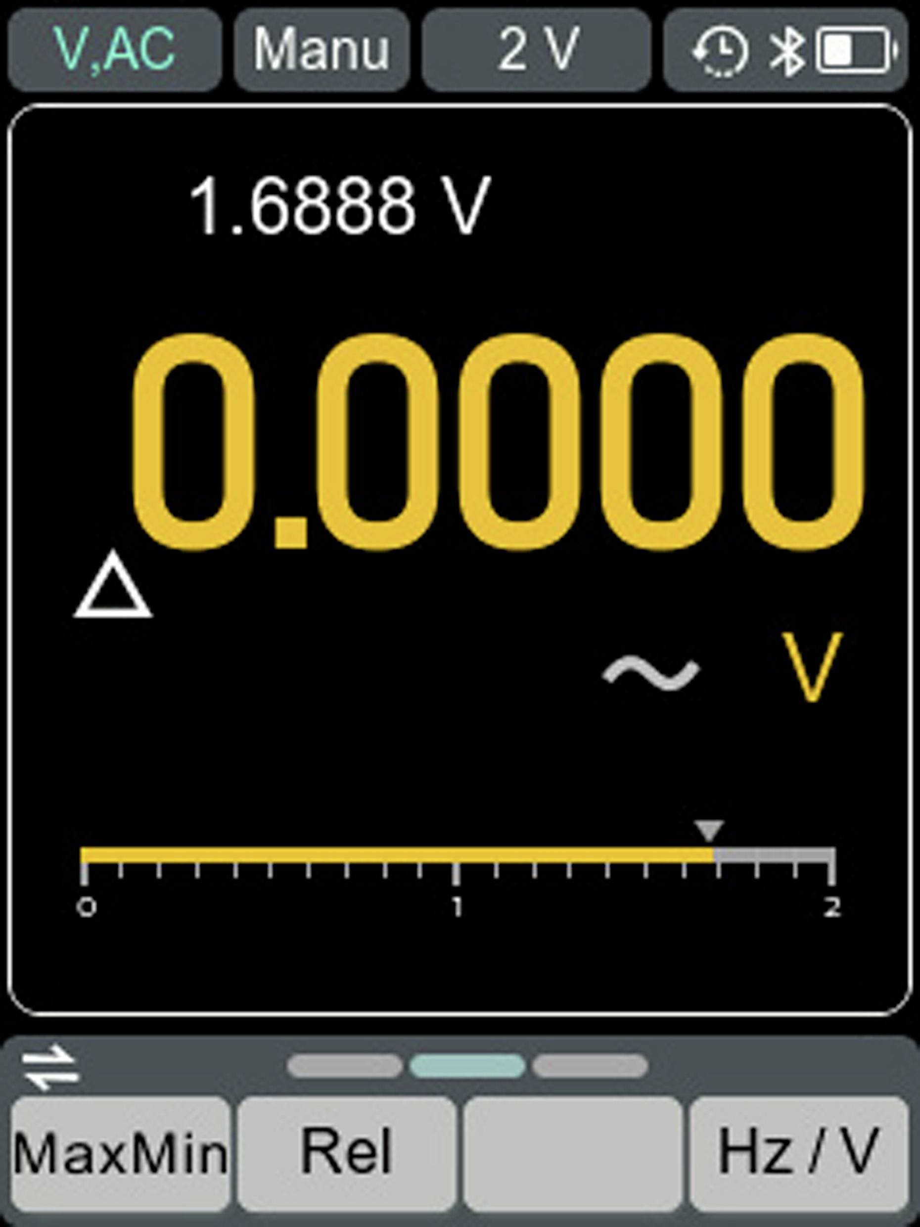 Digitales Multimeter-Display im Spannungsmessbereich mit 2V-Skala, Anzeige von 0,00000 Volt und Optionen für AC und manuellen Modus.