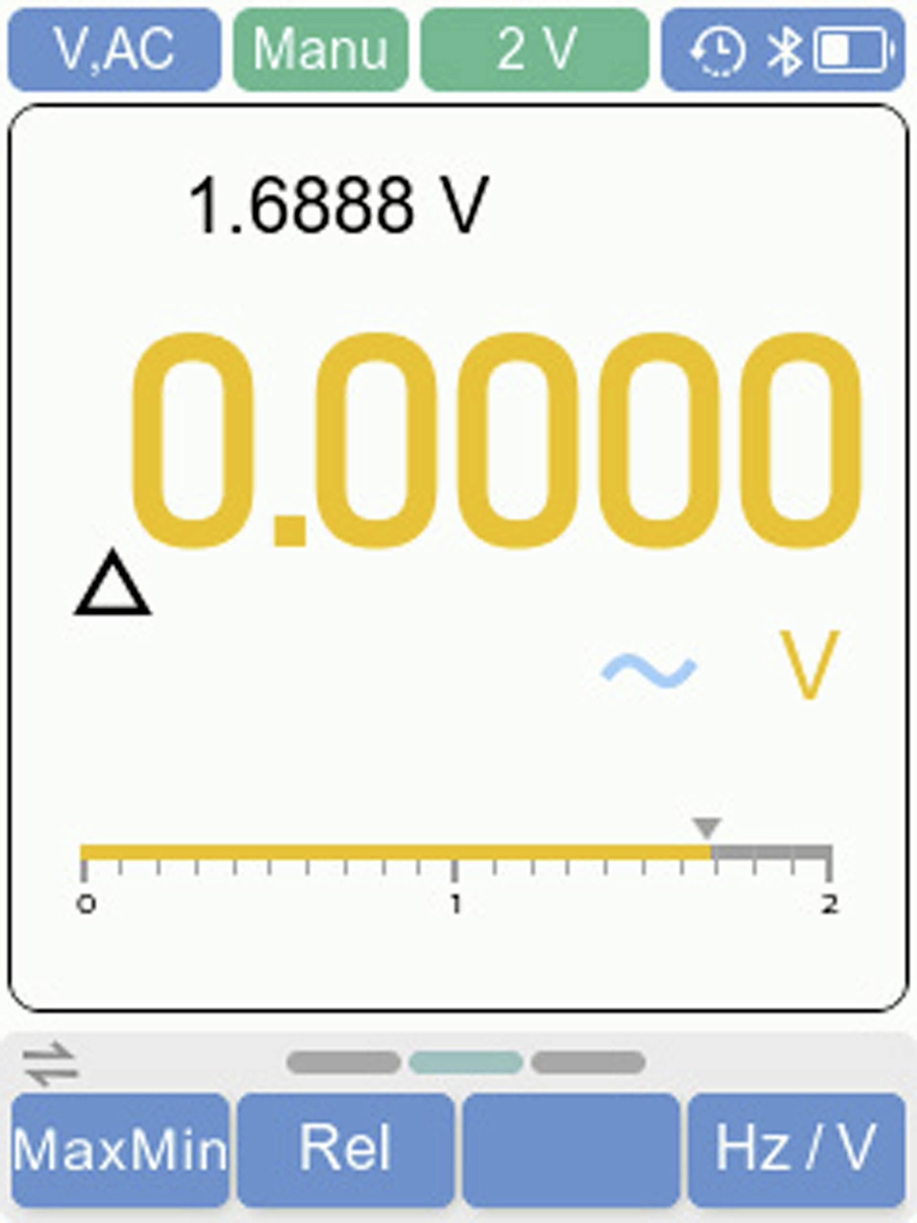 Digitales Multimeter-Display zeigt '0,00000 V', eingestellt zur Messung der Wechselspannung im 2-V-Bereich mit den Optionen 'MaxMin' und 'Rel'.