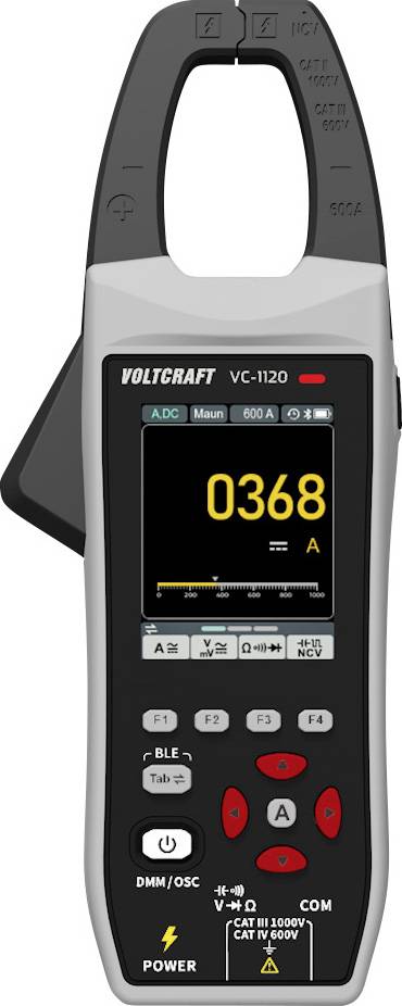 'Voltcraft VC-1120' digitales Zangenamperemeter mit einer Anzeige von 0368 A. Enthält Tasten und Einstellungen für verschiedene elektrische Messungen.