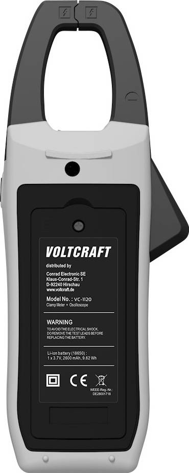 Zangen-Multimeter Rückansicht mit Voltcraft-Marke, Modellnummer VC-330 und Sicherheitswarnung zum Messen ausschließlich innerhalb der angegebenen Grenzen.