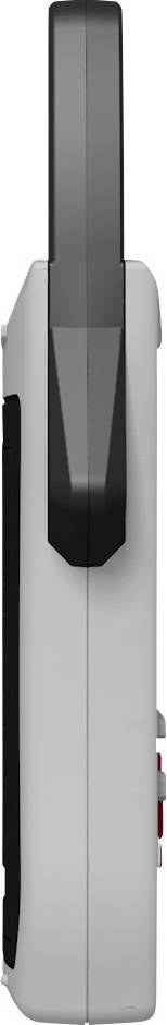 Seitenansicht eines grauen Handgeräts mit einer schwarzen Antenne, höchstwahrscheinlich ein Walkie-Talkie, das minimale Tasten und ein schlankes Design zeigt.