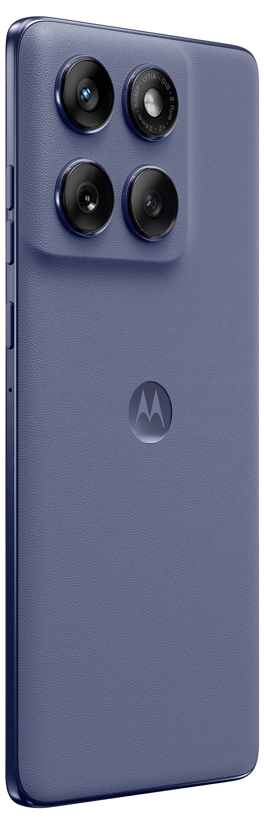 Ein blaues Smartphone mit einer Quad-Kamera-Einrichtung auf der Rückseite, das ein Motorola-Logo unter den Kameras aufweist.