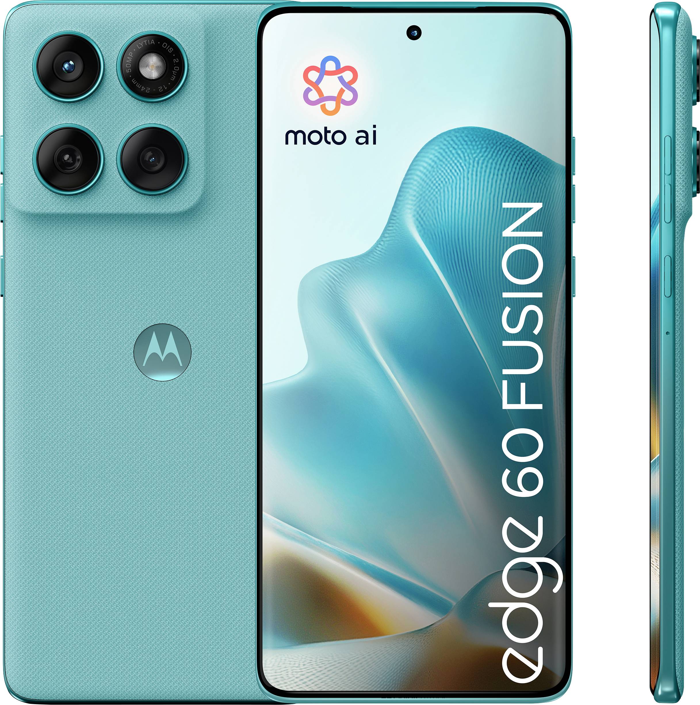 Das Bild zeigt ein blaues Smartphone mit „moto ai