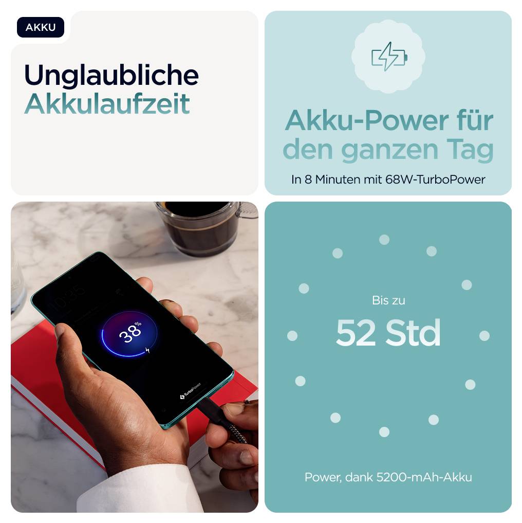 Werbung für Akku mit Bild eines Smartphones beim Laden. Text: Unglaubliche Akkulaufzeit, bis zu 52 Stunden, in 8 Minuten mit 68W-TurboPower.