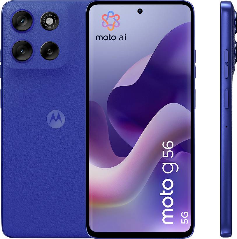 Blaues Smartphone mit Vorder- und Seitenansicht. Der Bildschirm zeigt 