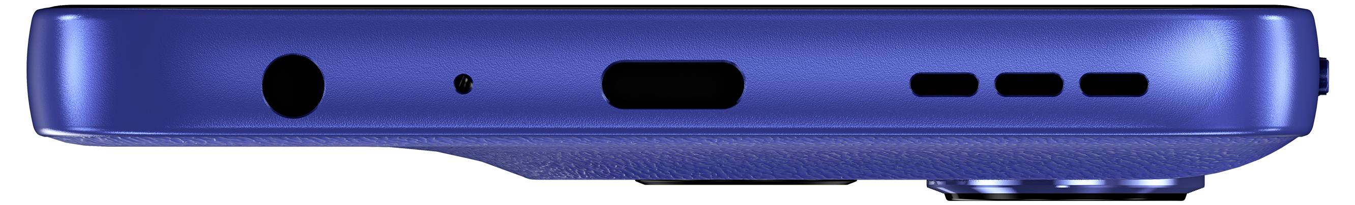 Unteransicht eines blauen Smartphones mit Lautsprecher, USB-C-Anschluss, Mikrofon und Kopfhörerbuchse.