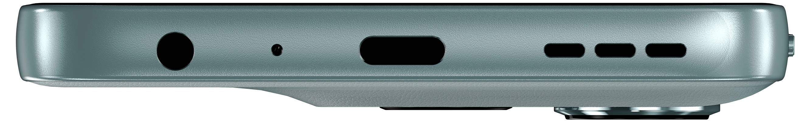 Ein rotes Smartphone von der Seite betrachtet, das ein Dolby Atmos-Logo und eine Kamerawölbung anzeigt.