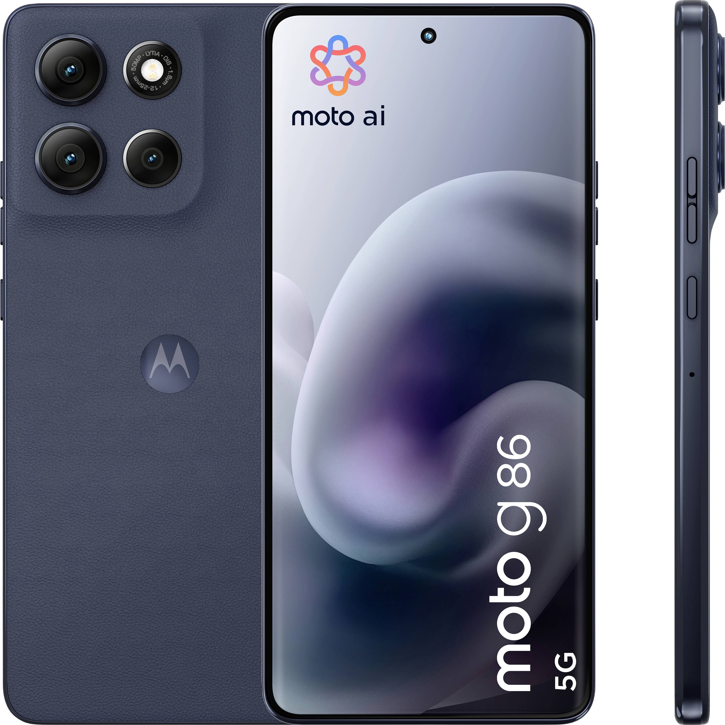 Vorder- und Rückansicht eines blauen Smartphones mit der Bezeichnung „moto g84 5G