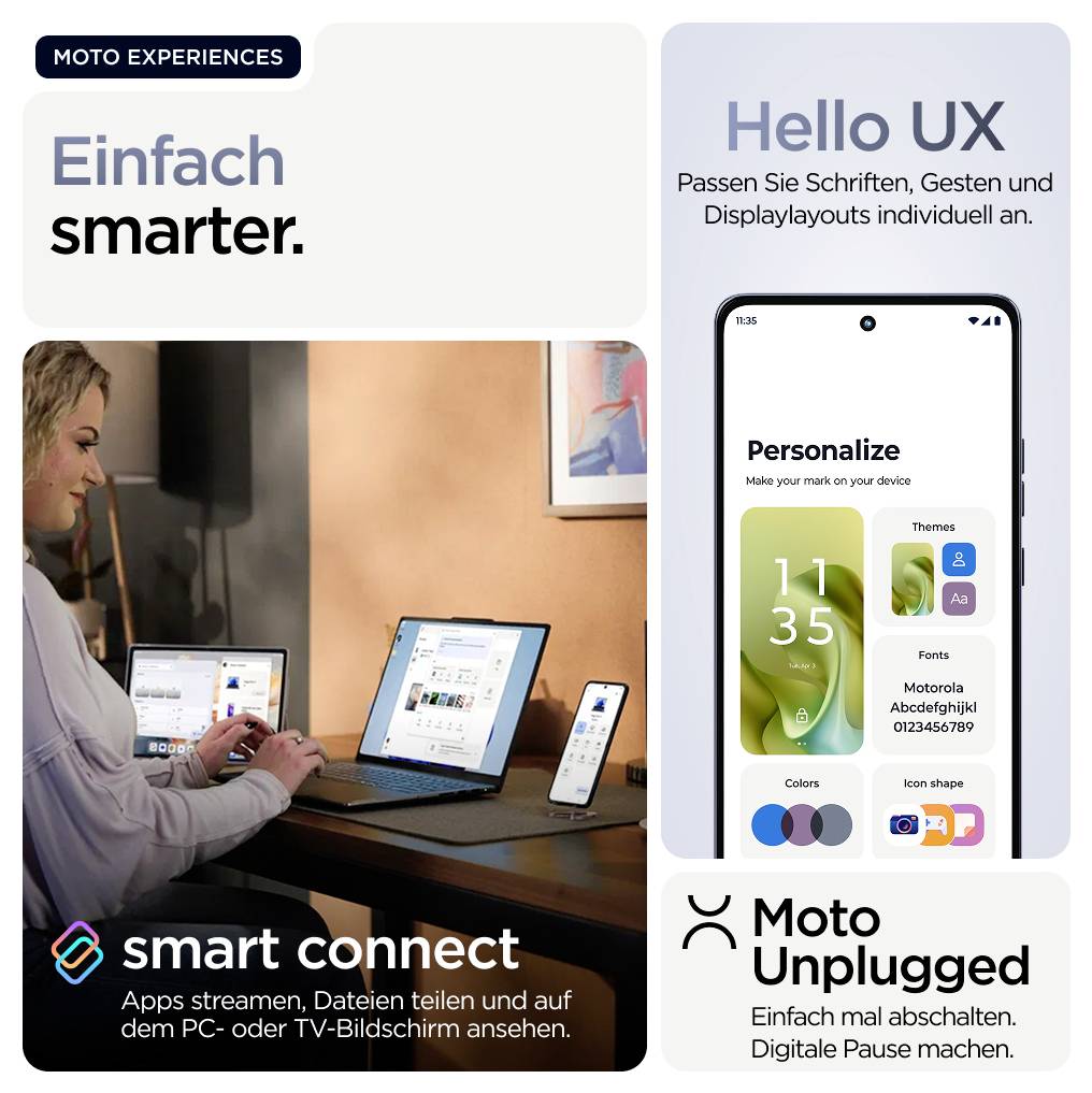 Einfach smarter. Apps streamen, Daten teilen und auf dem PC- oder TV-Bildschirm ansehen. Personalized Themes und Moto Unplugged für digitale Pausen.