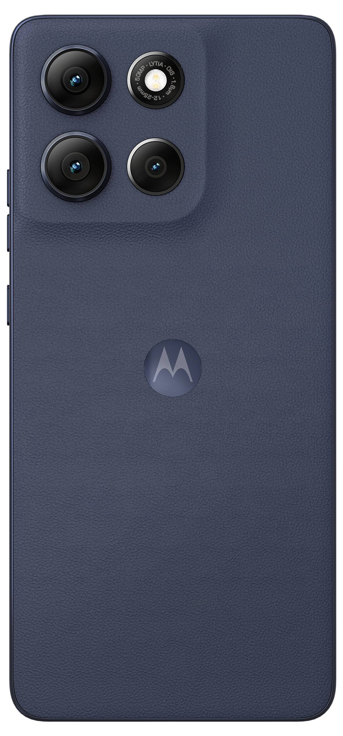 Rückansicht eines blauen Smartphones mit drei Kameraobjektiven und dem zentriert darunter angebrachten Motorola-Logo.