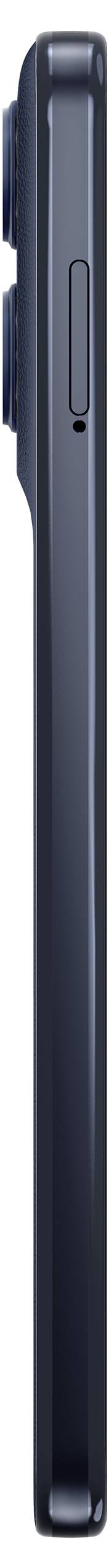 Seitenansicht eines dunklen Smartphones, die die Lautstärketaste und die duale Kamerawölbung auf der Rückseite zeigt.