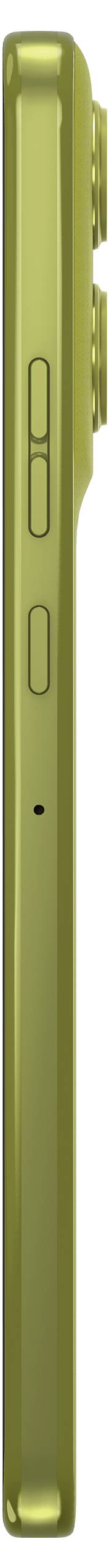 Ein schlankes, grünes Smartphone von der Seite betrachtet, mit sichtbaren Ein-/Ausschalt- und Lautstärkereglern sowie einer sichtbaren Kamerawölbung.