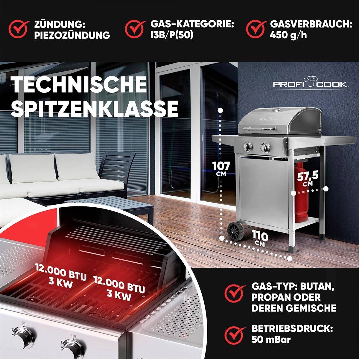 Profi Cook PC-GG 1309 Gas Gas-Grill 2 Brenner Silber